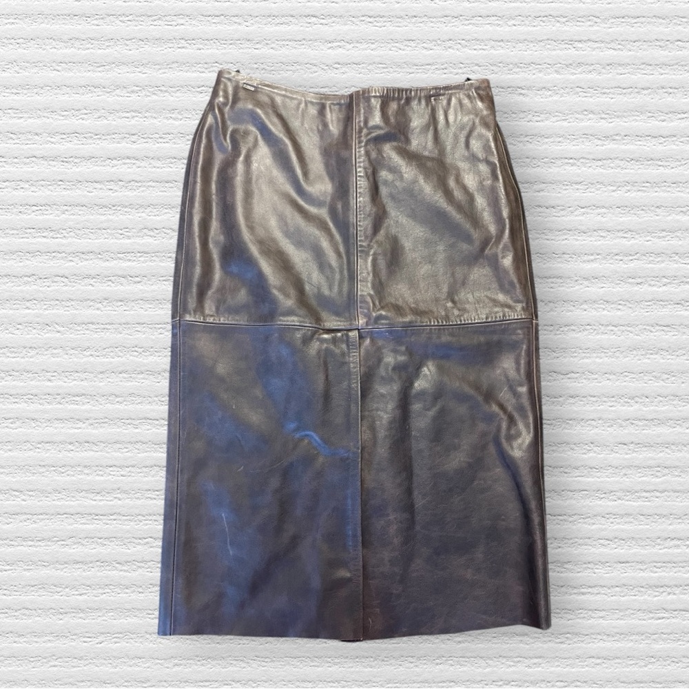 100% Leather United Colors of Benetton Chocolate Brown Pencil Skirt Size 44 Slit